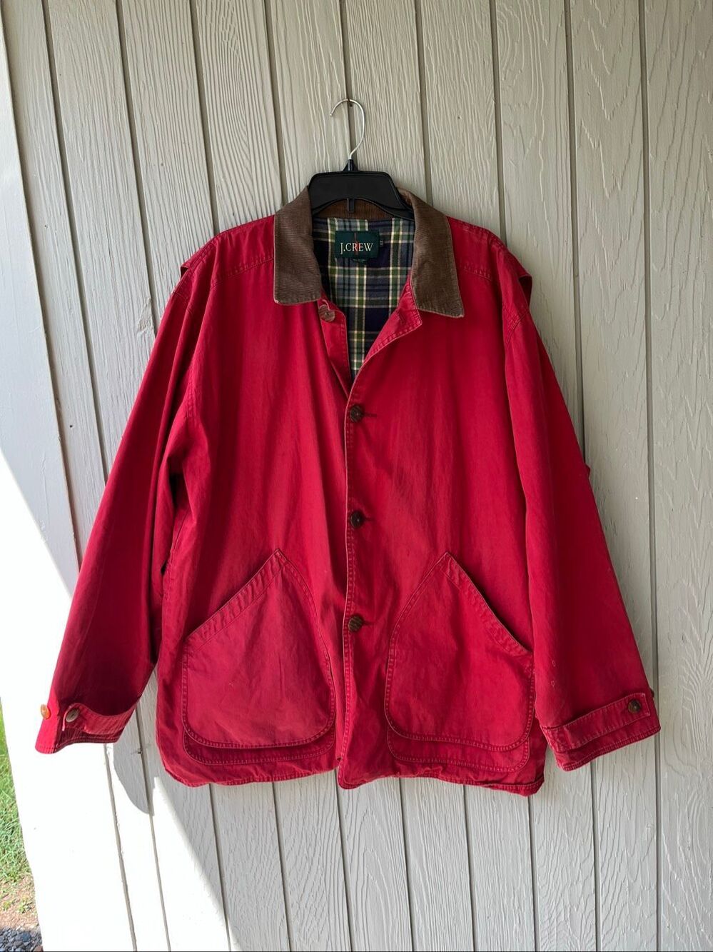VTG J. Crew Barn Jacket Red Corduroy Collar Plaid Lined Chore Coat LT